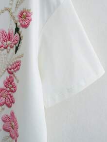 Everyssa Women's Cute T-Shirt White And Pink Floral Embroidery Pearl Print Round Neck Short Sleeve Summer Top,Suitable For Tea Party,Vacation & Casual Wear - Multicolor - View 4