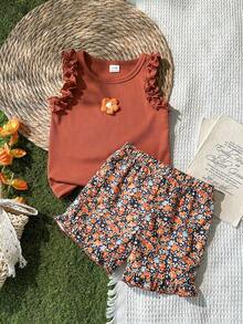 SHEIN Vintaside Kids Girls Summer Caramel Color Frill Trim Sleeveless Tank Top Set, Baby 3D Flower Ribbed Top + Floral Ruffle Hem Shorts 2pcs Set - Coffee Brown - View 1