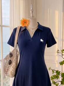 Comfortcana Plus Size Summer Casual Embroidered Detail Dress - Navy Blue - View 4
