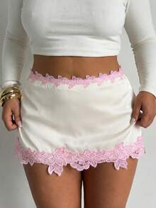 Comfortcana Chân váy mini size lớn phong cách gợi cảm thường ngày, viền ren hoa, xuân/hè - trắng - Xem 1