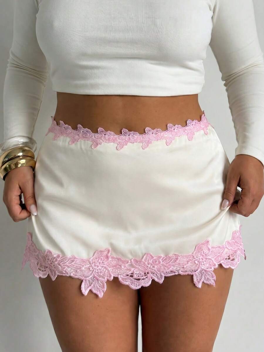 Comfortcana Chân váy mini size lớn phong cách gợi cảm thường ngày, viền ren hoa, xuân/hè - trắng - Xem 1