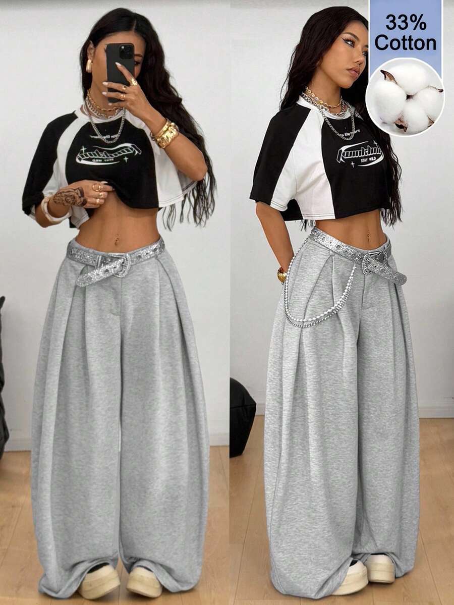 Coolane 女款夏季復古休閒嬉皮街頭風寬鬆法式灰色圓弧下擺長褲 - 淺灰色 - 查看 1