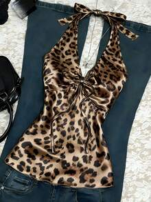 Franclia Women's Fashionable Front Tie Design Leopard Print Halter Neck Tank Top - Multicolor - View 3