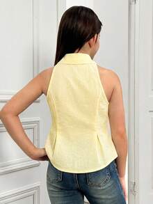 SHEIN Tween Girl Yellow Summer Elegant And Classy Vacation Back-To-School Collared Sleeveless Pleated Cinched Waist A-Line Button-Front Shirt Blouse - Yellow - View 2