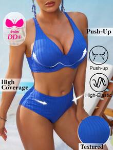 Swim DD+ 女款性感墊臀鋼圈時尚紋理面料 DD+ 皇家藍高腰兩件式夏季比基尼套裝 - 藍色 - 查看 7