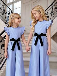 SHEIN Tween Girls Ruffle Collar Flutter Sleeve Detachable Belt Blue And White Striped Craft Jumpsuit Pleated Design Suitable For Daily Elegant Cute Casual - Blue - View 3