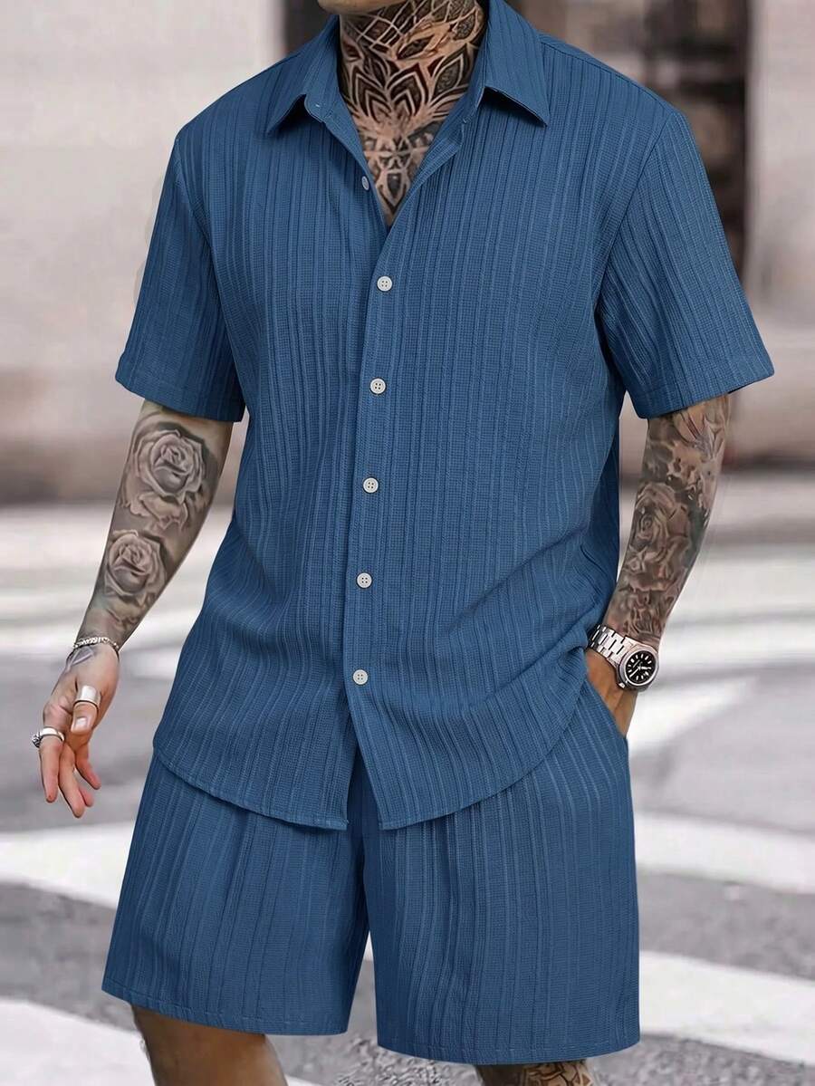 Surfspeed Men's Solid Color Short Sleeve Single-Breasted Shirt And Drawstring Waist Shorts Beac Holiday / Vacation / Beach / Hawaii / Tropical / Swim /  Bathing - Blue - View 1