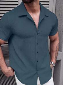 SLATEMANN Men's Textured Single-Breasted Casual Versatile Short Sleeve Shirt - Cadet Blue - View 4