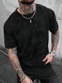 SLATEMANN 男士亮面水鑽短袖T恤，閃亮星星哥德風街頭穿搭，休閒圓領落肩上衣，夏季黑白城市度假風 - 黑色 - 查看 5