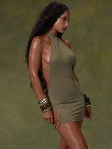 MUSERA Green High Neck Backless Side Cut Out Mini Dress - Olive Green - View 3