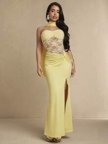 Silquee Lace Patchwork Hem Twisted Knot Sexy Evening Dress For Women - Yellow - View 1