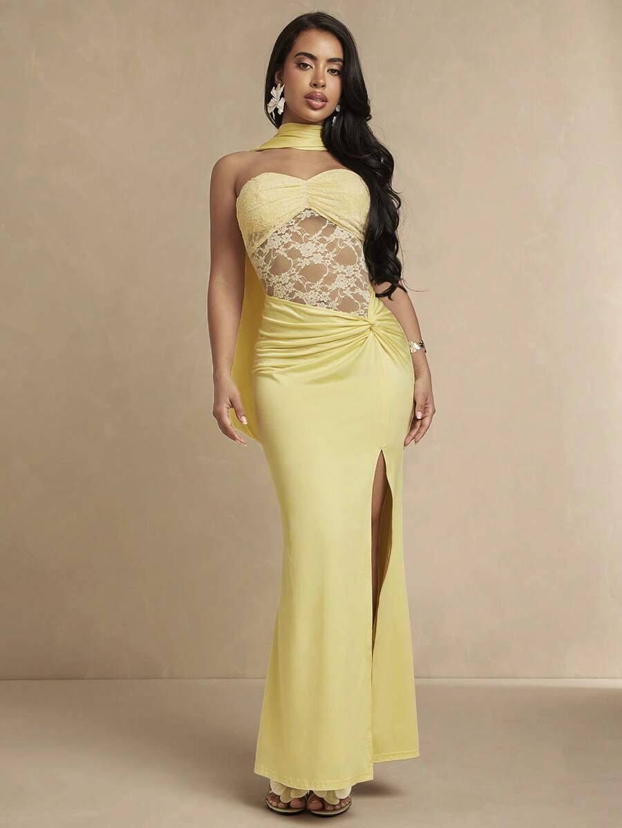 Silquee Lace Patchwork Hem Twisted Knot Sexy Evening Dress For Women - Yellow - View 1