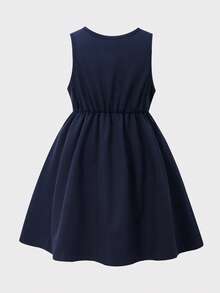 Back To School Season Girls' British Academy Style 2-Piece Dress Set, 4-7 Years Old Children's School Uniform, Peter Pan Collar Long Sleeve Shirt Paired With Elegant Bow Decor, Double-Breasted V-Neck Vest Dress Set, Girls' Spring/Summer Light Formal Piano Performance Outfit, Campus Choir Uniform, Stylish Everyday Princess Dress - Royal Blue - View 11