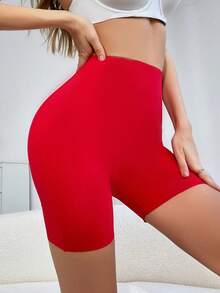 SHEIN 女款素色休閒極簡塑形瑜珈短褲 - 紅色 - 查看 3
