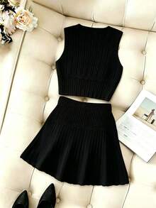 Pariaura Women's Solid Color Ribbed Tank Top And Pleated Mini Skirt Knit Two Pieces Set Everyday Black Summer Casual - Black - View 2
