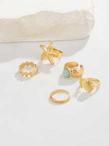 ROMWE Fairycore 5 Anillos de pie de estilo oceánico de moda, conjunto de anillos de pie de metal geométrico con estrella de mar y concha brillante, anillo de pie abierto dorado, regalo para dama/esposa/hija - Amarillo dorado - Ver 5