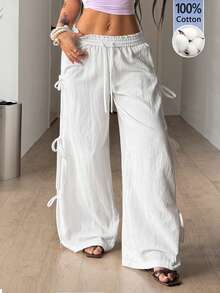 Coolane Women's Autumn Vacation Casual Vintage Boho Daily Wear Cotton Comfortable Straps White Baggy Pants Vacation Outfits Women White Pants - White - View 5