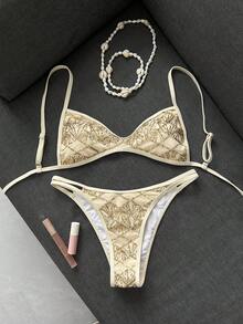 Bonvoyette 女款2件組夏季海灘比基尼套裝，刺繡亮片迷你罩杯雙肩帶上衣 & 雙繩泳褲，度假與游泳性感泳裝套裝 - 米色 - 查看 4