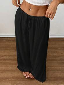 SHEIN PETITE 春夏純色低腰亞麻黑色長褲，度假海灘度假長褲，寬鬆黑色亞麻長褲小碼版休閒 - 黑色 - 查看 7