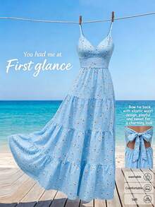 SHEIN Franclia Summer Pastoral Ditsy Floral Spaghetti Strap Dress With Back Bow Tie Multi-Layer Patchwork Elegant Women's Dress Yellow Dress Wedding Guest Dress Graduation Dress Beach Vacation Outfit Holiday Dress - Blue - View 5