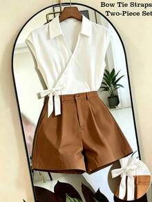GlowEve CURVE Women's Elegant Summer 2-Piece Set, All White Brown Crossed Neck Tie Waist Shirt Shorts, Casual Vacation Office Brunch Bussines Outfit, Woven Solid - Multicolor - View 7