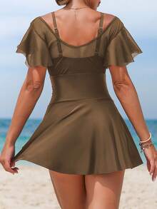 Swim Lushoire Summer New V-Neck Ruffle Sleeve Dress-Style Mesh Patchwork Solid Color Women's One-Piece Swimsuit - Coffee Brown - View 2