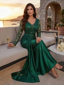 Auveirra Women's V-Neck Lace Patchwork Pleated Elegant Waist Cinched Long Party Dress Vacation - Dark Green - View 3
