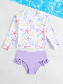 SHEIN 女童坦基尼泳衣 (小號) 可愛淡紫色針織面料海星印花長袖防曬時尚休閒精緻優雅淑女款 適合游泳 夏季度假 海灘 泳池 泳池 夏季假期派對 休閒度假 - 淡紫色 - 查看 3