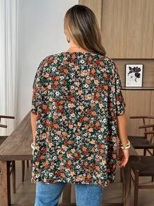 SHEIN CURVE+ 大尺碼女款花卉印花雙層袖優雅襯衫 夏季女上衣 可愛趣味襯衫 - 綠色 - 查看 2