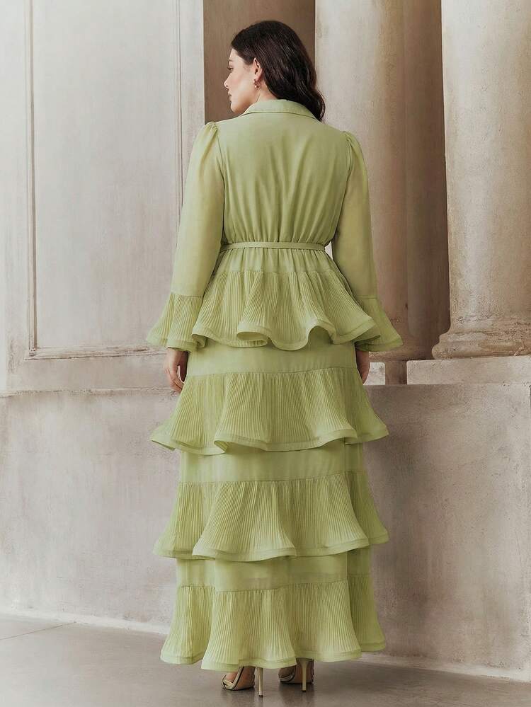 Plus Size Women's Solid Color Flare Sleeve Pleated Multi-Layer Ruffle Hem Elegant Dress