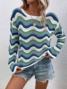 Hotletica Suéter casual de bloques de color con patrón ondulado para primavera/otoño - Multicolor - Ver 5