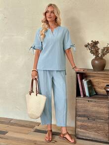 EMERY ROSE Women's 2pcs Light Blue Shirt + Ankle Pants Set - Blue - View 3