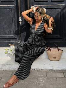 Serisse Casual Minimalist Black And White Striped Print Pattern Women's Front Tie Sleeveless Shirt And Pants Two Pieces Set Vacation Summer - Black - View 4