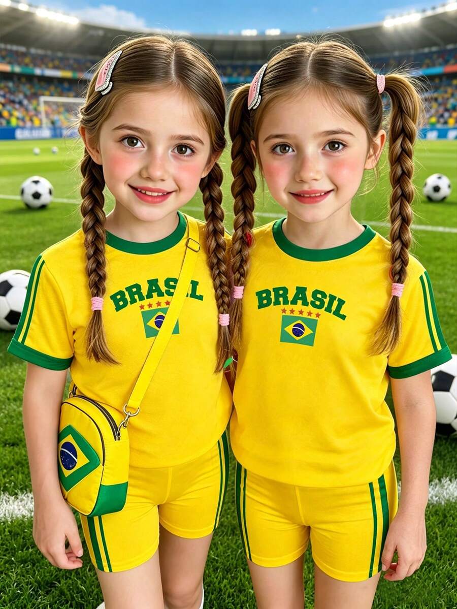 SHEIN 2件組青少年女孩活力陽光黃、金色星芒、黃金海岸、復古時尚綠色BRAZIL字母印花、對比領口、年輕女孩休閒極簡短袖修身圓領T恤搭配緊身短褲,適合春夏季日常穿著 - 彩色 - 查看 1