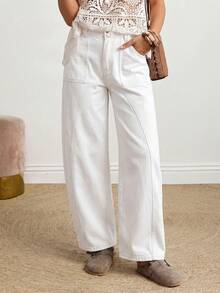EMERY ROSE Plus Size Solid Color Slant Pocket Casual Straight Leg Jeans - White - View 4