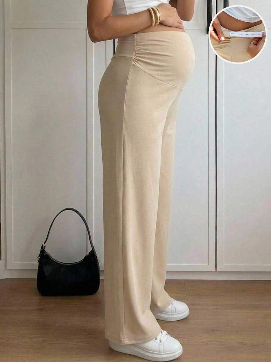 SHEIN 孕妇纯色可调节腰围阔腿宽松休闲裤 - 卡其色 - 查看 1