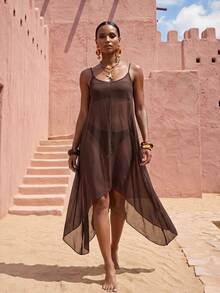 Zivah Women's Brown Long Strap Beach Cover-Up Dress, Featuring Bottom Collar And Asymmetrical Hem, Suitable For Various Occasions Including Music Festivals, St. Patrick's Day, Valentine's Day, Dates, Western Theme, And Nomad Style - Brown - View 7