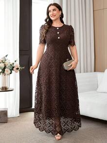 Reflora Plus Size Elegant Elegant Faux Pearl Button Decor Lace Patchwork Round Neck Dress - Brown - View 4