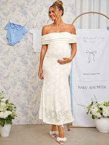 Loomaby Maternity Off-Shoulder Pleated Jacquard Elegant Dress,Gender Reveal Dress,Maternity Dress,Baby Shower Dress - Apricot - View 11