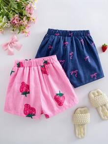 SHEIN Elladie kids 2件/組 女童幼童活力度假風草莓蝴蝶結印花丹寧感不對稱短褲 藍色&粉色組合，適合夏季出遊 - 彩色 - 查看 3