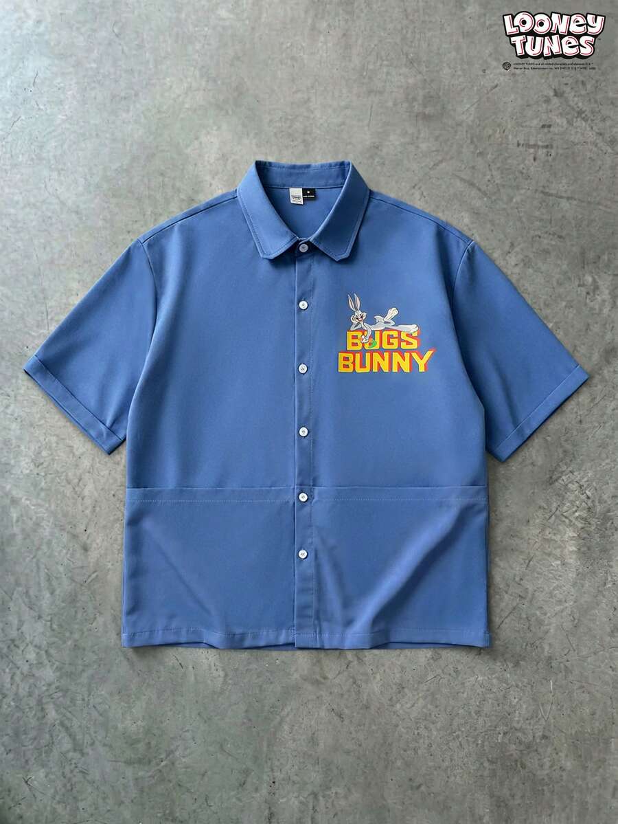 LOONEY TUNES X SHEIN PAVTROS 男士联名短袖衬衫,复古工装风,怀旧风,个性化定制,美式复古,卡通文化,极简休闲风,日常通勤,轻商务,节日礼物 - 霧霾藍 - 查看 1