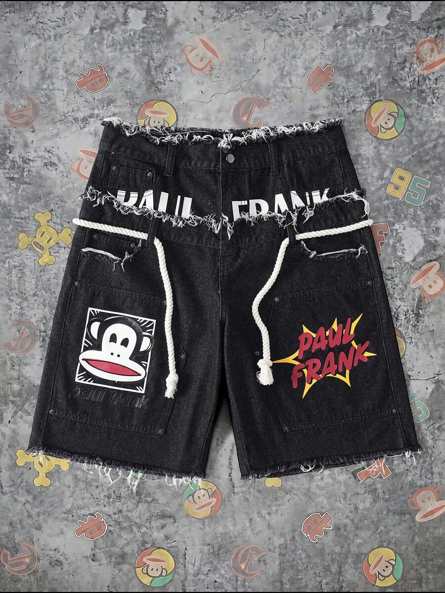 Paul Frank X SHEIN Men's Hip-Hop Design Cartoon Pattern Print Button Tie Frayed Denim Shorts - Black - View 1