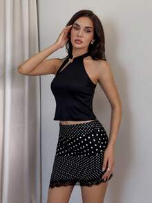 Glamine Polka Dot Patchwork Asymmetrical Design Autumn Skirt Party Black And White Polka Dot - Multicolor - View 4