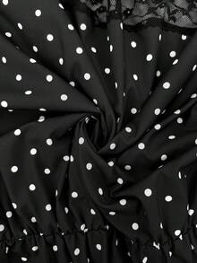Easura Vestido casual de fiesta para mujer talla grande con lunares, hombros descubiertos y patchwork de encaje - Blanco y Negro - Ver 4