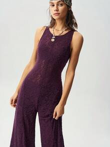 Bohemela Summer Casual Vacation Versatile Purple Lace Print Knitted Women's Slim Jumpsuit - Purple - View 7