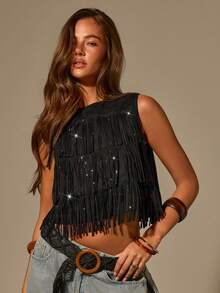 Athîral Women's Casual Vacation Round Neck Sleeveless Solid Color Tassel Top, Streetwear, Sparkling Tassel Top, Date Party Outfit - Black - View 4