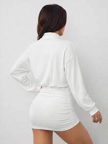 SHEIN PETITE 高領落肩百褶修身洋裝，適合嬌小女性 - 白色 - 查看 2