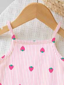 SHEIN Baby Girl Casual Simple Cute Pink & White Striped With Polka Dot Strawberry Pattern, Camisole Romper Shorts Suitable For Spring/Summer, Blind Box, Multi-Piece Set, Graphic, Kawaii, Cozy, Vintage, Chill Chill, Y2K, Squishy - Multicolor - View 4