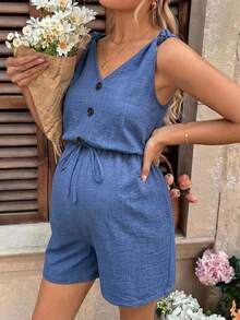 SHEIN 孕婦紋理鈕扣繫帶式連身褲 - 藍色 - 查看 5