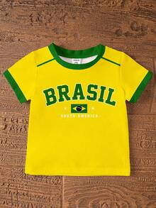 2件組女嬰休閒夏季輕量運動套裝，女童幼兒圓領黃綠色字母「BRASIL」印花短袖上衣搭配側條紋短褲，國旗印花設計，透氣面料，適合休閒、室內、戶外、學校、派對穿著 - 彩色 - 查看 6